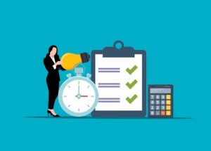 business woman with checklist and clock
