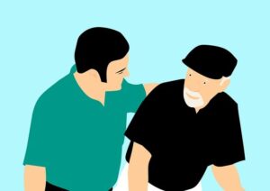 illustration of two men - one helping the other eldery man