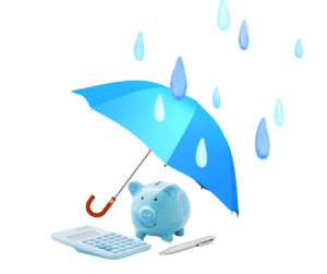 umbrella protecting a blue piggy bank from rain