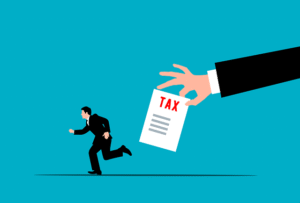 cartoon man being chased by hand holding tax bill